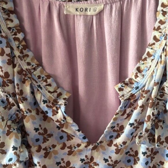 Kori Dress L Blue Brown Floral Puff Sleeve Smocked Cottagecore Boho Prairie - Picture 8 of 10
